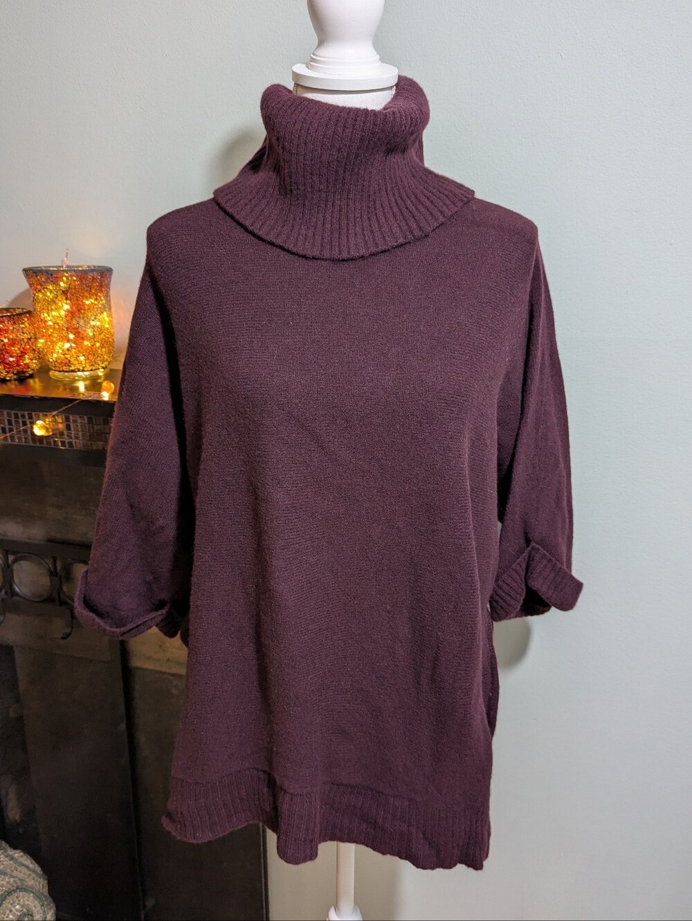 L.L.Bean Sweater Womens XS/S Merino Wool Blend Turtleneck Deep Purple 3/4 Sleeve